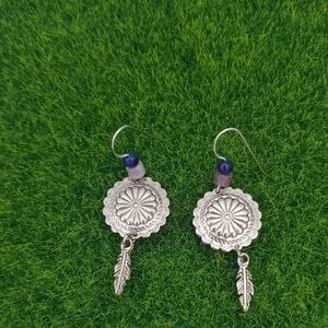 E1003 Silver Tone and Purple Dangle Earrings Peace Hippie Dreamcatcher